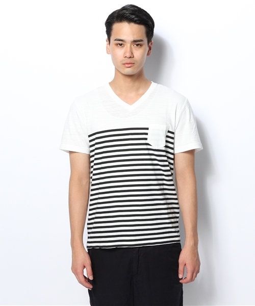 WEGO（ウィゴー）の「WEGO/パネルボーダーVネックTシャツ（Tシャツ/カットソー・メンズ・ブラック/グリーン/ネイビー/トリコロール・LARGE/MEDIUM）」の9枚目の写真