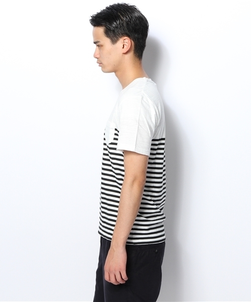 WEGO（ウィゴー）の「WEGO/パネルボーダーVネックTシャツ（Tシャツ/カットソー・メンズ・ブラック/グリーン/ネイビー/トリコロール・LARGE/MEDIUM）」の7枚目の写真