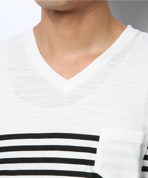 WEGO（ウィゴー）の「WEGO/パネルボーダーVネックTシャツ（Tシャツ/カットソー・メンズ・ブラック/グリーン/ネイビー/トリコロール・LARGE/MEDIUM）」の8枚目の写真