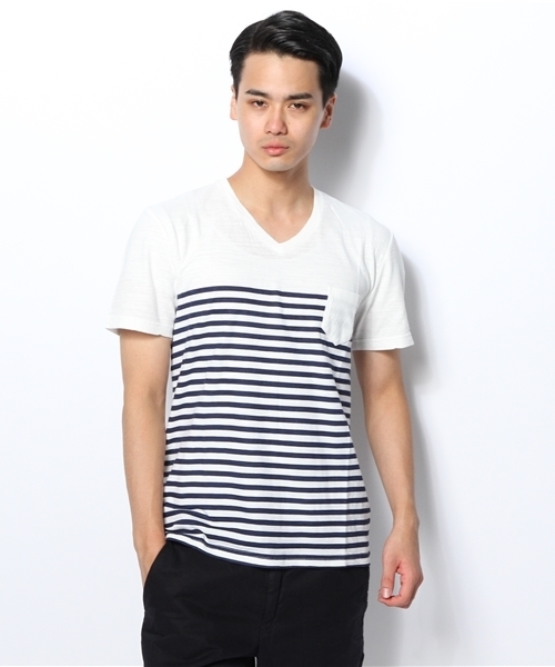 WEGO（ウィゴー）の「WEGO/パネルボーダーVネックTシャツ（Tシャツ/カットソー・メンズ・ブラック/グリーン/ネイビー/トリコロール・LARGE/MEDIUM）」の16枚目の写真