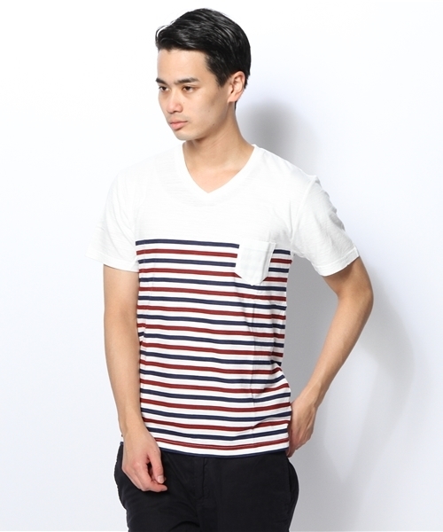 WEGO（ウィゴー）の「WEGO/パネルボーダーVネックTシャツ（Tシャツ/カットソー・メンズ・ブラック/グリーン/ネイビー/トリコロール・LARGE/MEDIUM）」の17枚目の写真