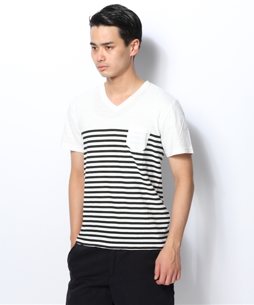 WEGO（ウィゴー）の「WEGO/パネルボーダーVネックTシャツ（Tシャツ/カットソー・メンズ・ブラック/グリーン/ネイビー/トリコロール・LARGE/MEDIUM）」の19枚目の写真