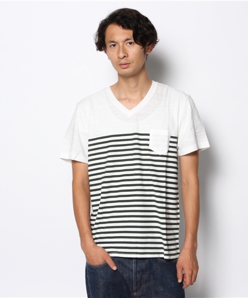 WEGO（ウィゴー）の「WEGO/パネルボーダーVネックTシャツ（Tシャツ/カットソー・メンズ・ブラック/グリーン/ネイビー/トリコロール・LARGE/MEDIUM）」の20枚目の写真