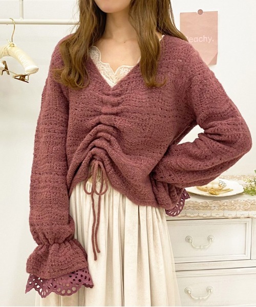 apres jour（アプレジュール）の「袖フリル透かしニット【ZOZOTOWN限定アイテム】（ニット/セーター・レディース・スモークピンク/ミント/アイボリー/グレイッシュベージュ・フリー/X-LARGE）」の4枚目の写真