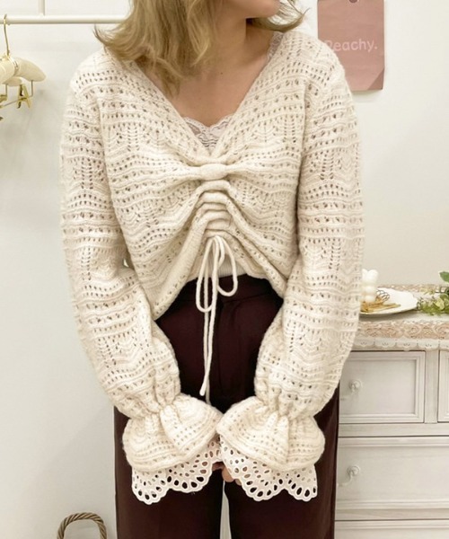 apres jour（アプレジュール）の「袖フリル透かしニット【ZOZOTOWN限定アイテム】（ニット/セーター・レディース・スモークピンク/ミント/アイボリー/グレイッシュベージュ・フリー/X-LARGE）」の5枚目の写真