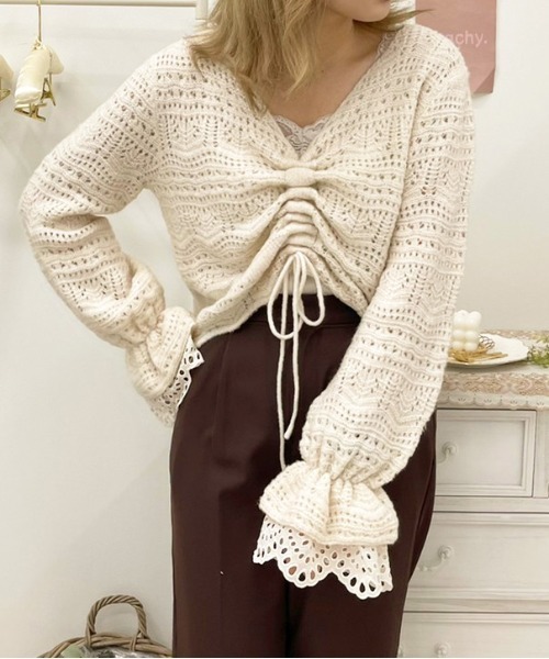 apres jour（アプレジュール）の「袖フリル透かしニット【ZOZOTOWN限定アイテム】（ニット/セーター・レディース・スモークピンク/ミント/アイボリー/グレイッシュベージュ・フリー/X-LARGE）」の6枚目の写真