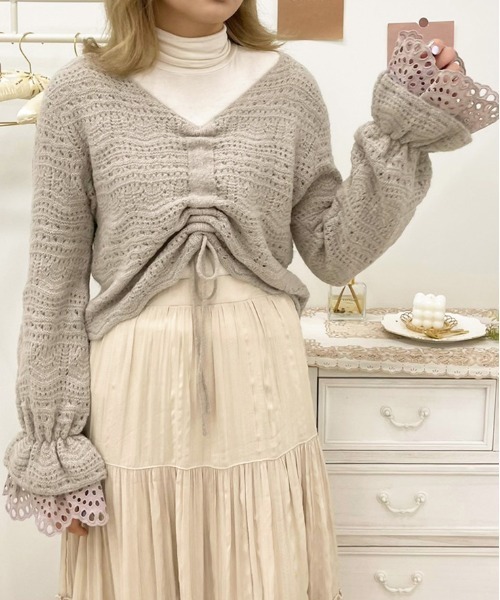 apres jour（アプレジュール）の「袖フリル透かしニット【ZOZOTOWN限定アイテム】（ニット/セーター・レディース・スモークピンク/ミント/アイボリー/グレイッシュベージュ・フリー/X-LARGE）」の9枚目の写真