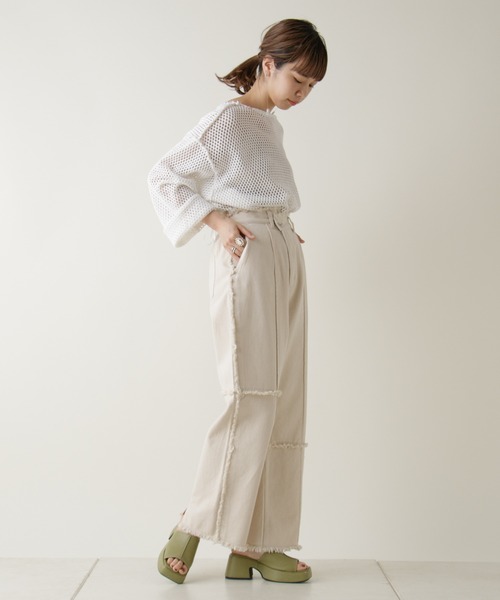 Kastane（カスタネ）の「パッチワークアシメフリンジパンツ（その他パンツ・レディース・グリーン/アイボリー・1/2）」の3枚目の写真