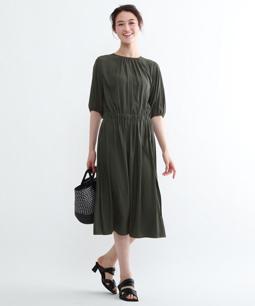 【大きいサイズ19号】INDIVI ウエストギャザー ロングワンピース 濃紺 大きいサイズ レディース Vネックドロストギャザーワンピース nw-24046