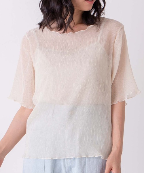 WEGO（ウィゴー）の「WEGO/【2点セット】シフォンブラウスキャミSET（Tシャツ/カットソー・レディース・グリーン/オフホワイト/ライトベージュ・FREE）」の2枚目の写真