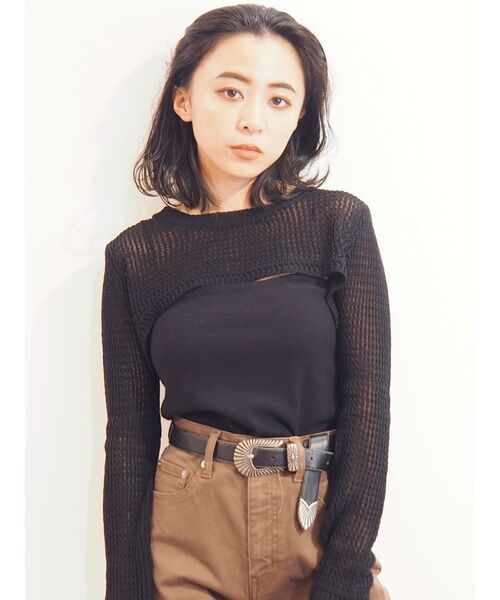 EVRIS（エヴリス）の「レイヤードシアーニットトップス（ニット/セーター・レディース・ブラック/カーキ・FREE）」の5枚目の写真