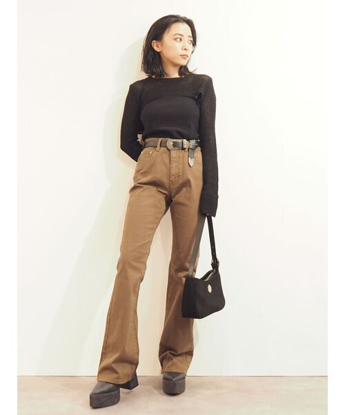 EVRIS（エヴリス）の「レイヤードシアーニットトップス（ニット/セーター・レディース・ブラック/カーキ・FREE）」の7枚目の写真