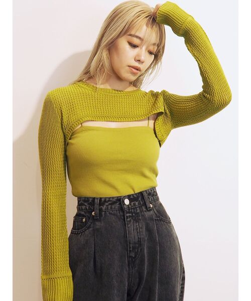 EVRIS（エヴリス）の「レイヤードシアーニットトップス（ニット/セーター・レディース・ブラック/カーキ・FREE）」の9枚目の写真