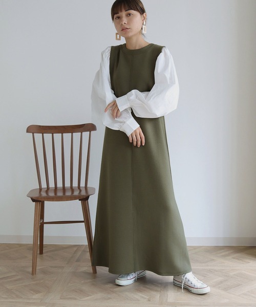 HER CLOSET(ハークローゼット)の「【shemoshelly】ボリューム袖ドッキングダンボールワンピース(ワンピース・レディース・ブラック/ベージュ/ブラウン/カーキ・M)」の1枚目の写真