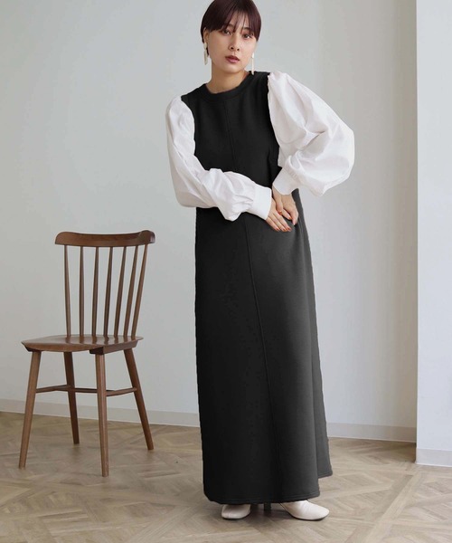 HER CLOSET(ハークローゼット)の「【shemoshelly】ボリューム袖ドッキングダンボールワンピース(ワンピース・レディース・ブラック/ベージュ/ブラウン/カーキ・M)」の2枚目の写真