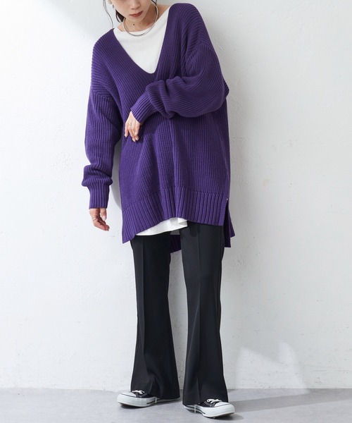 DISCOAT（ディスコート）の「畦Vネックプルオーバー（ニット/セーター・レディース・ホワイト系その他/パープル/ブラック・FREE）」の15枚目の写真