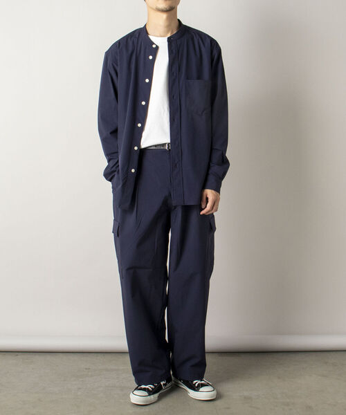 GLOSTER（グロスター）の「【RIP-STOP/リップストップ生地使用】【GLOSTER/グロスター】BANDCOLLAR バンドカラーシャツ（シャツ/ブラウス・メンズ・ブラック/ネイビー・LARGE/MEDIUM）」の4枚目の写真