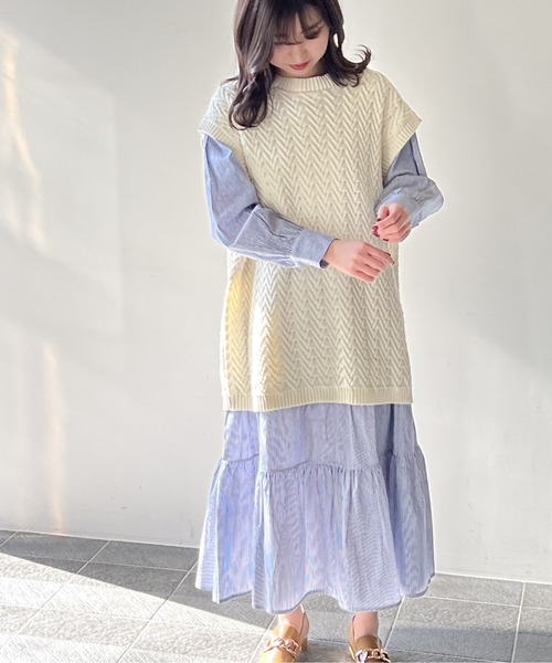 one way（ワンウェイ）の「BIGベスト付きティアードワンピース（ワンピース・レディース・ホワイト/ライトグリーン/ベージュ/ブラック・FREE）」の11枚目の写真