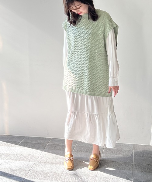 one way（ワンウェイ）の「BIGベスト付きティアードワンピース（ワンピース・レディース・ホワイト/ライトグリーン/ベージュ/ブラック・FREE）」の6枚目の写真