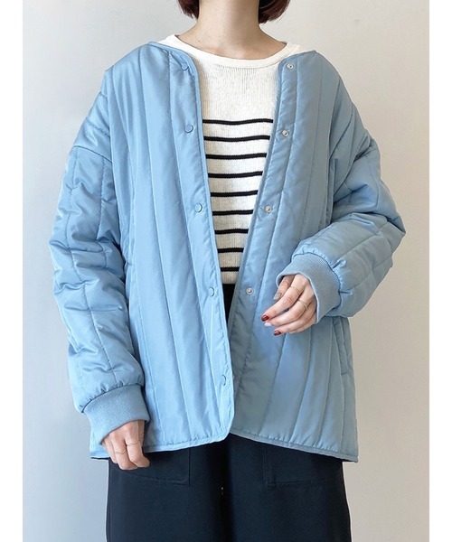 Samansa Mos2 blue(サマンサモスモスブルー)の「キルトジャケット(ノーカラージャケット・レディース・グリーン/サックスブルー/オフホワイト・フリ-)」の8枚目の写真