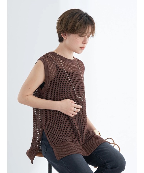 earth music&ecology（アースミュージックアンドエコロジー）の「リサイクルポリエステルブレンドメッシュベスト（ベスト・レディース・ブラウン/アイボリー/オリーブ・FREE）」の10枚目の写真