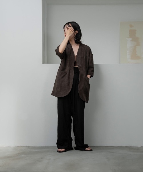 lawgy（ラウジー）の「linen like jacket（ノーカラージャケット・レディース・ブラウン/ベージュ・FREE）」の20枚目の写真