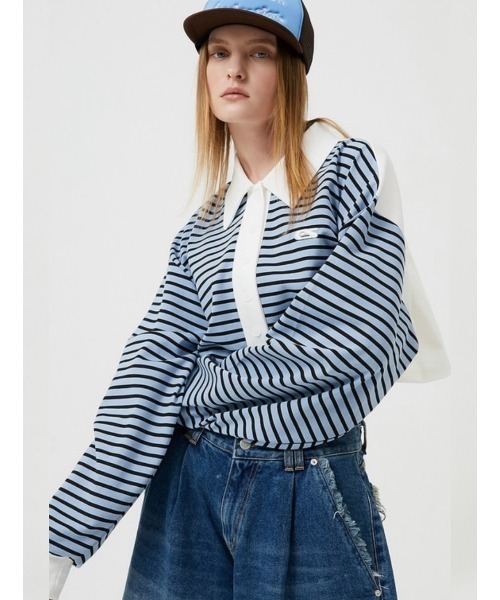 ESC STUDIO(イーエスシースタジオ)の「【ESC STUDIO/イーエスシースタジオ】stripe crop polor shirt/ストライプ ボーダー クロップド クロップ丈 ポロシャツ 長袖シャツ(ポロシャツ・メンズ・ピンク/ブルー・ONE SIZE)」の5枚目の写真