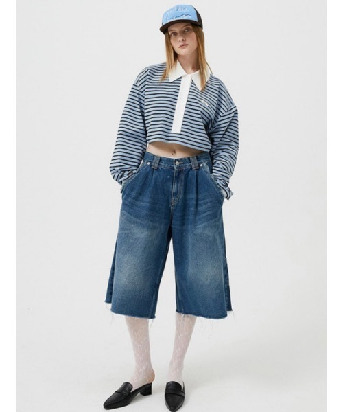 ESC STUDIO(イーエスシースタジオ)の「【ESC STUDIO/イーエスシースタジオ】stripe crop polor shirt/ストライプ ボーダー クロップド クロップ丈 ポロシャツ 長袖シャツ(ポロシャツ・メンズ・ピンク/ブルー・ONE SIZE)」の3枚目の写真