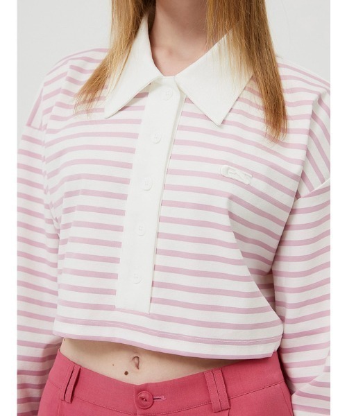 ESC STUDIO(イーエスシースタジオ)の「【ESC STUDIO/イーエスシースタジオ】stripe crop polor shirt/ストライプ ボーダー クロップド クロップ丈 ポロシャツ 長袖シャツ(ポロシャツ・メンズ・ピンク/ブルー・ONE SIZE)」の7枚目の写真