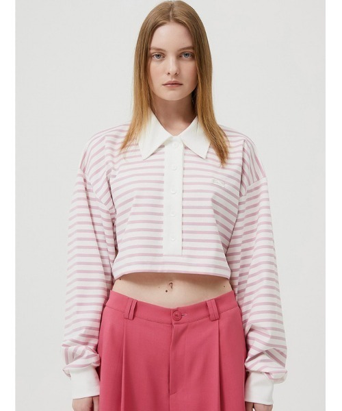 ESC STUDIO(イーエスシースタジオ)の「【ESC STUDIO/イーエスシースタジオ】stripe crop polor shirt/ストライプ ボーダー クロップド クロップ丈 ポロシャツ 長袖シャツ(ポロシャツ・メンズ・ピンク/ブルー・ONE SIZE)」の14枚目の写真