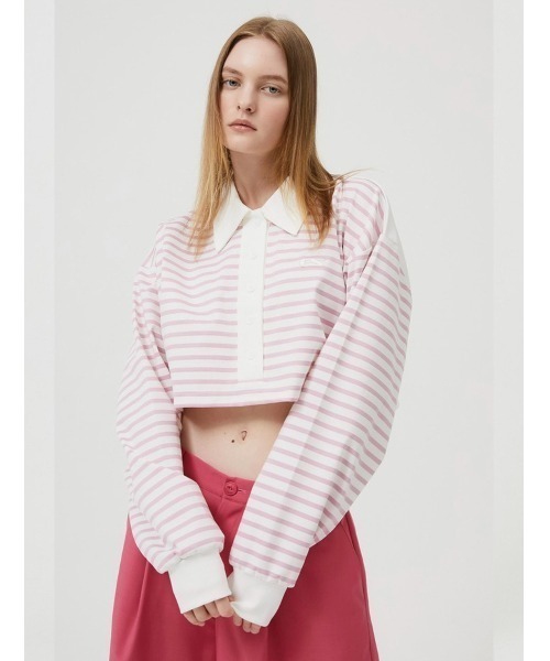 ESC STUDIO(イーエスシースタジオ)の「【ESC STUDIO/イーエスシースタジオ】stripe crop polor shirt/ストライプ ボーダー クロップド クロップ丈 ポロシャツ 長袖シャツ(ポロシャツ・メンズ・ピンク/ブルー・ONE SIZE)」の4枚目の写真