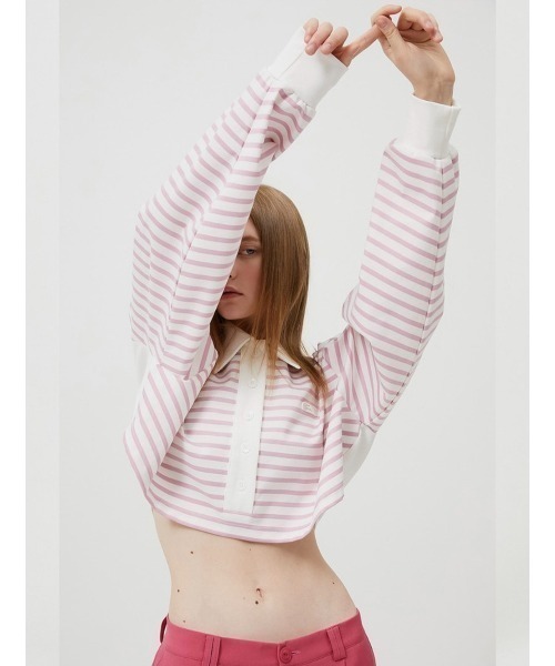 ESC STUDIO(イーエスシースタジオ)の「【ESC STUDIO/イーエスシースタジオ】stripe crop polor shirt/ストライプ ボーダー クロップド クロップ丈 ポロシャツ 長袖シャツ(ポロシャツ・メンズ・ピンク/ブルー・ONE SIZE)」の22枚目の写真