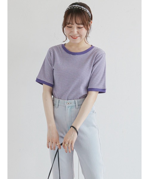 ehka sopo（エヘカソポ）の「細ボーダーリンガー半袖カットソー（Tシャツ/カットソー・レディース・ブラック/パープル/ブラウン/グリーン・ﾌﾘ-）」の4枚目の写真