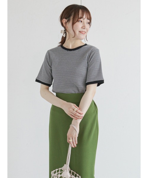 ehka sopo（エヘカソポ）の「細ボーダーリンガー半袖カットソー（Tシャツ/カットソー・レディース・ブラック/パープル/ブラウン/グリーン・ﾌﾘ-）」の2枚目の写真