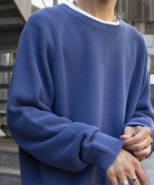 GLOSTER（グロスター）の「【GLOSTER/グロスター】片畦レイヤードプルオーバーニット ロンT付き ドロップショルダー（ニット/セーター・メンズ・オレンジ/サックスブルー/ネイビー/グレー・S/M/L）」の4枚目の写真