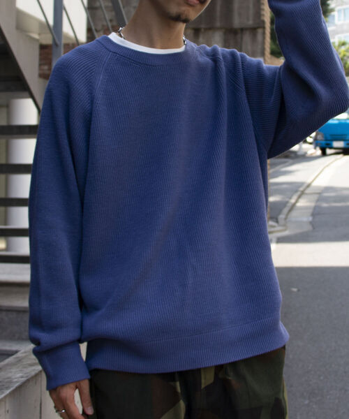 GLOSTER（グロスター）の「【GLOSTER/グロスター】片畦レイヤードプルオーバーニット ロンT付き ドロップショルダー（ニット/セーター・メンズ・オレンジ/サックスブルー/ネイビー/グレー・S/M/L）」の5枚目の写真