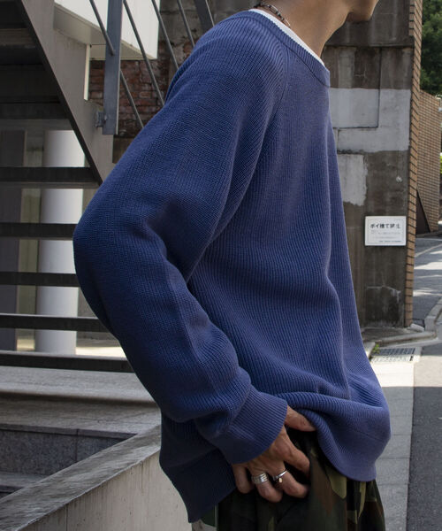 GLOSTER（グロスター）の「【GLOSTER/グロスター】片畦レイヤードプルオーバーニット ロンT付き ドロップショルダー（ニット/セーター・メンズ・オレンジ/サックスブルー/ネイビー/グレー・S/M/L）」の6枚目の写真