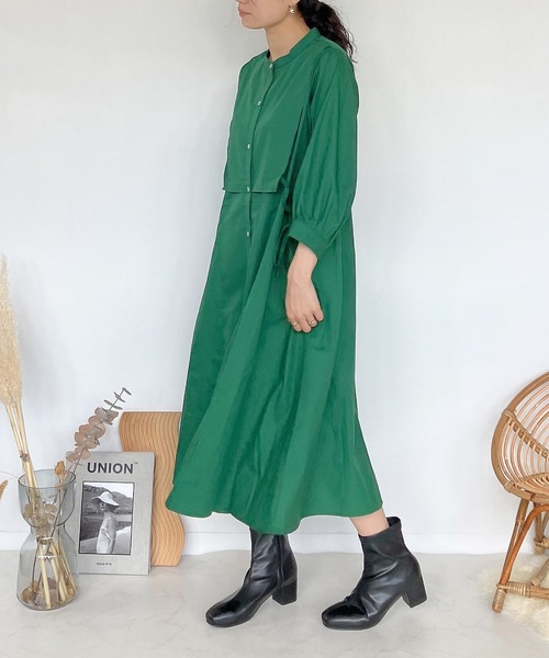 AS know AS グリーン シャツワンピース AS KNOW AS plus（アズノゥアズプラス）の「♪フラップリボン7分袖
