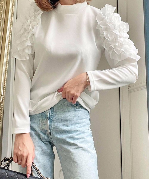 M y u（ミュー）の「フラワー スリーブ プルオーバー（Tシャツ/カットソー・レディース・ホワイト/ブラック・FREE）」の6枚目の写真