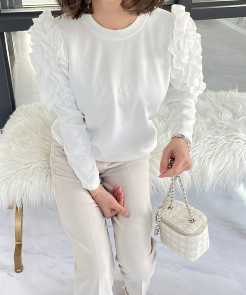 M y u（ミュー）の「フラワー スリーブ プルオーバー（Tシャツ/カットソー・レディース・ホワイト/ブラック・FREE）」の13枚目の写真