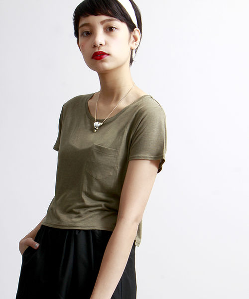 WEGO（ウィゴー）の「WEGO/リネンモダールUネックショートTシャツ（Tシャツ/カットソー・レディース・ホワイト/アイボリー/ホワイト系その他/カーキ・FREE）」の4枚目の写真