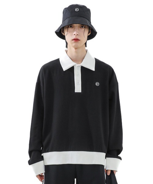 BASIC COTTON(ベーシックコットン)の「A'GEM/9 × .kom『BASIC COTTON/ベーシックコットン』 MIX PK MTM/バイカラー ミックス プルオーバー ポロネック スウェットシャツ(スウェット・レディース・ホワイト/ブラック・FREE)」の2枚目の写真