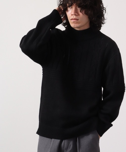 Bling Leads(ブリングリーズ)の「Bling Leads A/Tケーブル切替ハイネックニット(ニット/セーター・メンズ・チャコールグレー/ベージュ/ブラウン/グリーン/グレイッシュベージュ/ブラック・L/XL/M)」の1枚目の写真