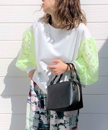 Q | フラワーレーススリーブトップス(Tシャツ/カットソー)