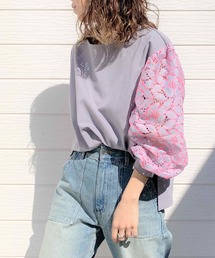 Q | フラワーレーススリーブトップス(Tシャツ/カットソー)