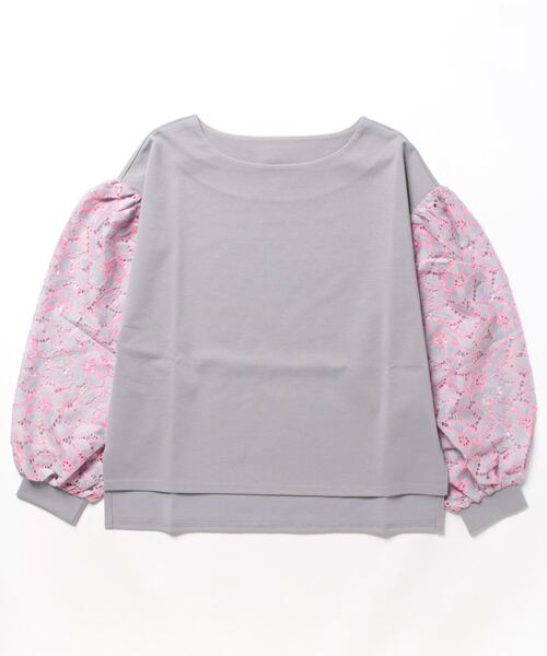 Q（キュー）の「フラワーレーススリーブトップス（Tシャツ/カットソー・レディース・ライトグレー/アイボリー・MEDIUM）」の5枚目の写真