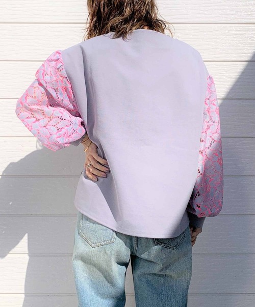 Q（キュー）の「フラワーレーススリーブトップス（Tシャツ/カットソー・レディース・ライトグレー/アイボリー・MEDIUM）」の8枚目の写真