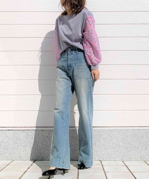 Q（キュー）の「フラワーレーススリーブトップス（Tシャツ/カットソー・レディース・ライトグレー/アイボリー・MEDIUM）」の9枚目の写真