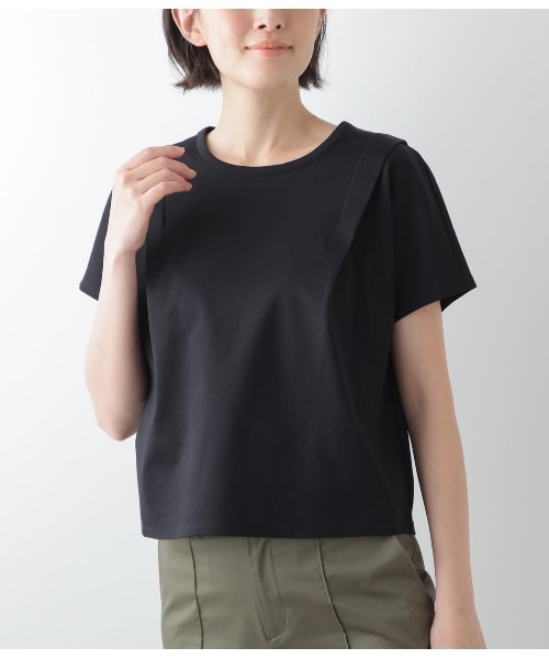 NEWYORKER(ニューヨーカー)の「【接触冷感】コットンポンチ ショルダータックプルオーバー(Tシャツ/カットソー・レディース・アイボリー/ブラック・M/L)」の4枚目の写真