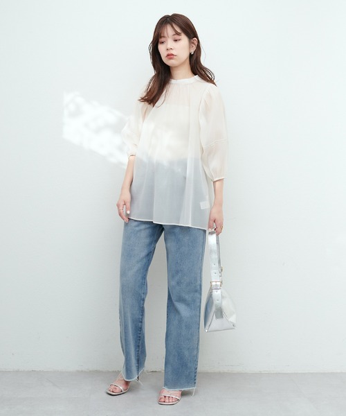 natural couture(ナチュラルクチュール)の「osono配色シアーボータイブラウス(シャツ/ブラウス・レディース・グリーン/サックスブルー/ブラック/オフホワイト・FREE)」の9枚目の写真